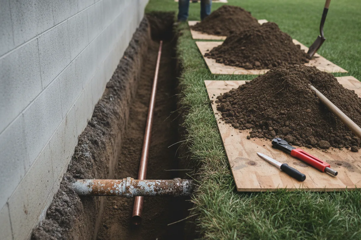 Excavated water line trench during Sewer Line Repair in Savannah